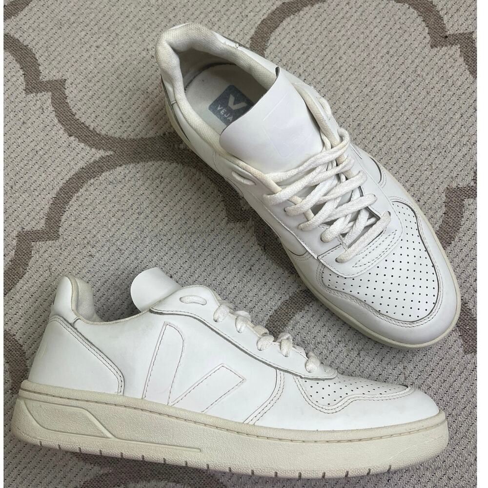 Veja V-10 sneakers all-white leather perforated toes lace.up sneakers, size 10